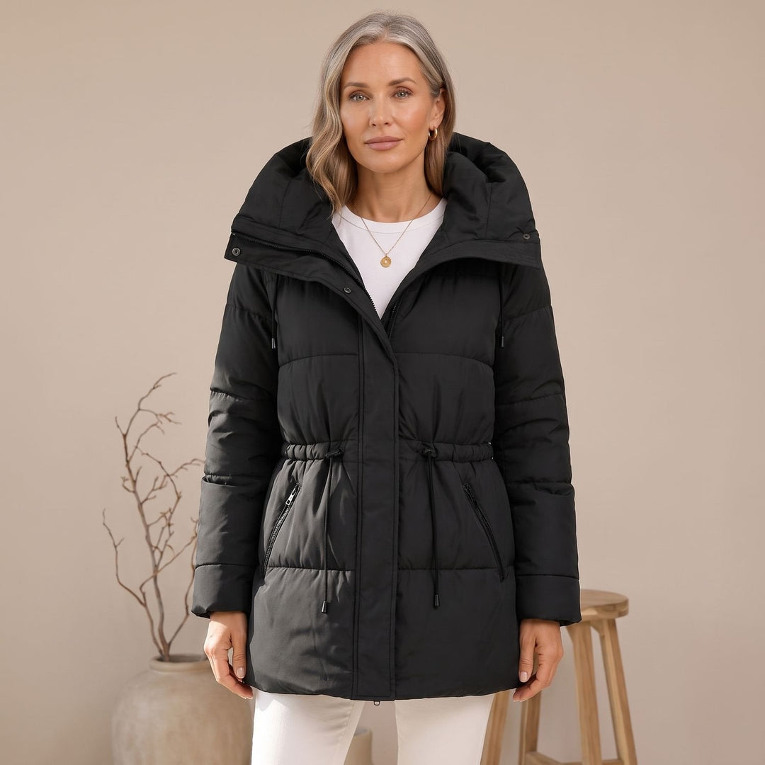 Damen Winterjacke Gesteppt mit Taillenzug und Kapuze in Schwarz