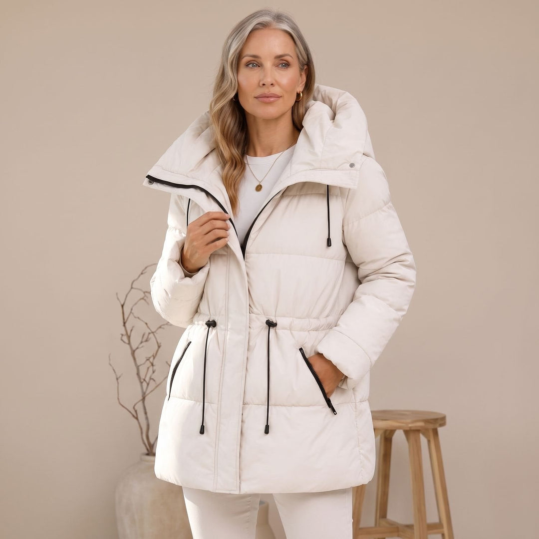 Damen Winterjacke Gesteppt mit Taillenzug und Kapuze in Weiß