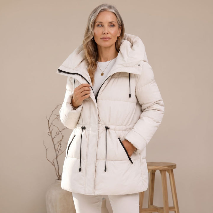 Damen Winterjacke Gesteppt mit Taillenzug und Kapuze in Weiß