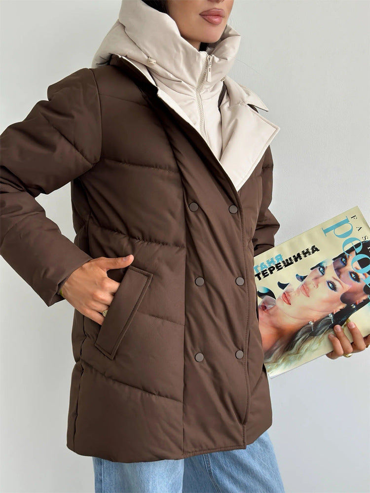 Damen Winterjacke im Doppelreiher-Stil mit Innenweste in Kaffee