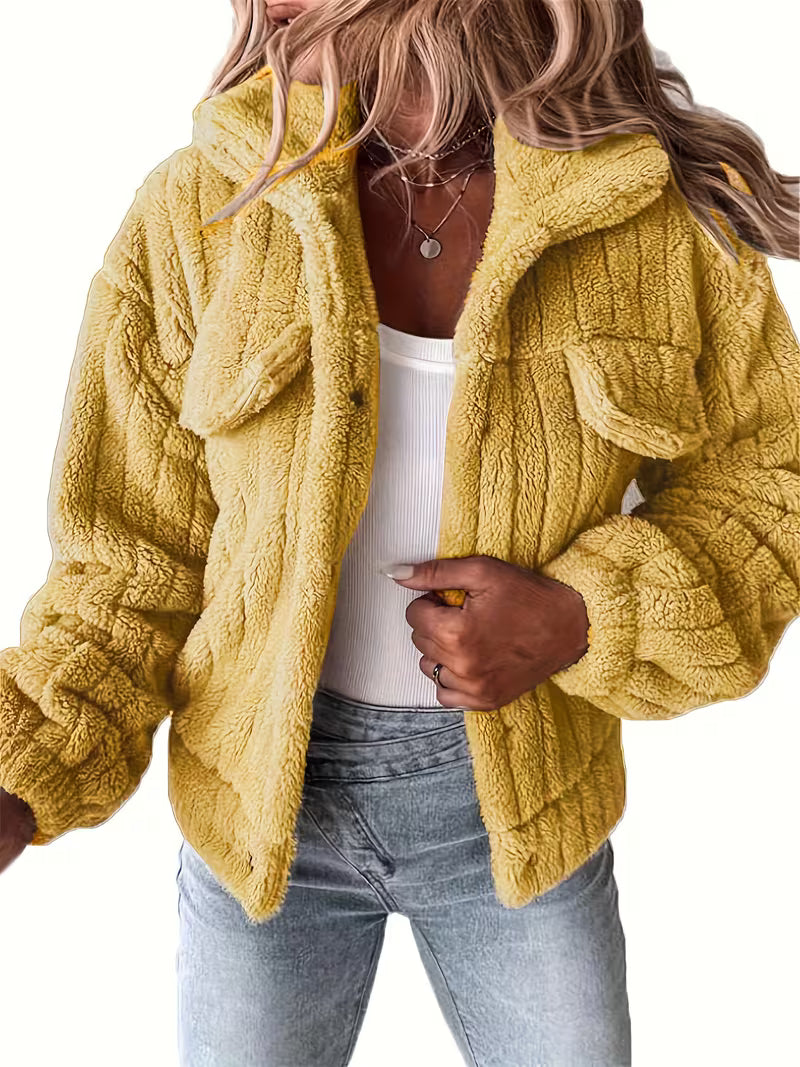 Damen Winterjacke im Hemdjacken-Stil mit Flausch-Optik in Gelb