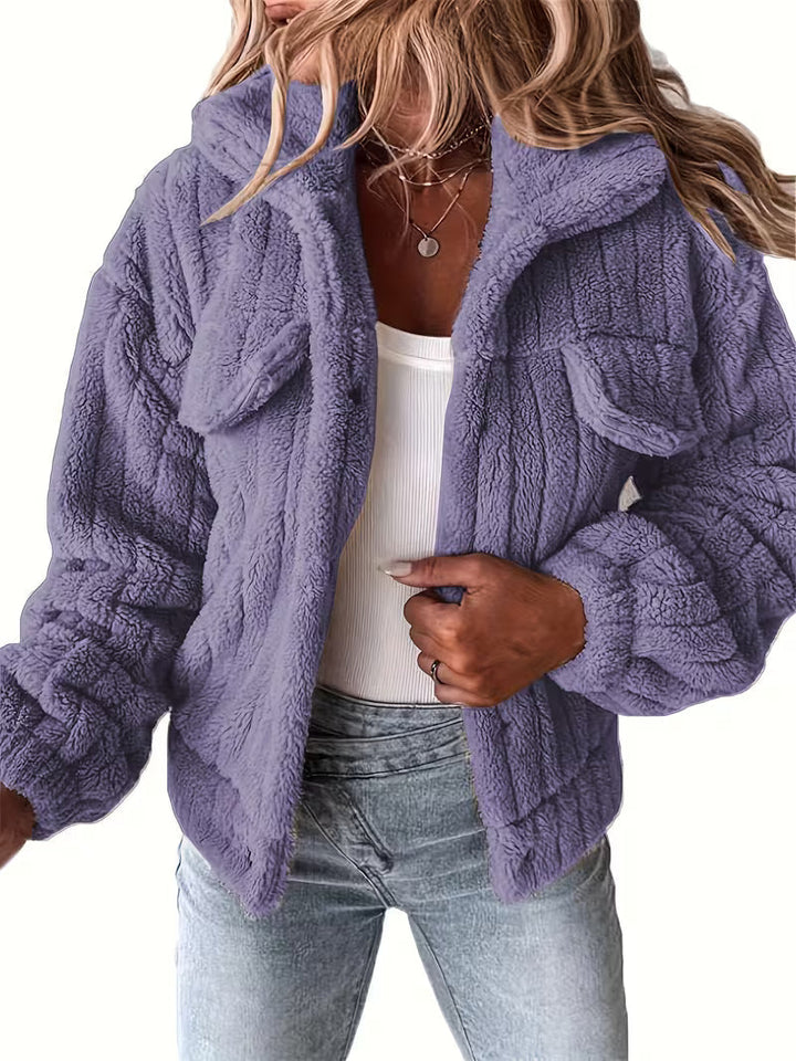 Damen Winterjacke im Hemdjacken-Stil mit Flausch-Optik in Lila