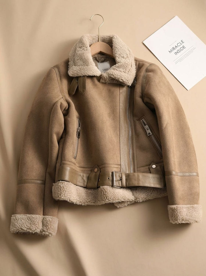 Damen Winterjacke im Motorrad-Stil mit Gürtel in Braun 3