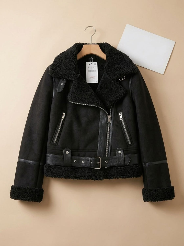 Damen Winterjacke im Motorrad-Stil mit Gürtel in Braun 4