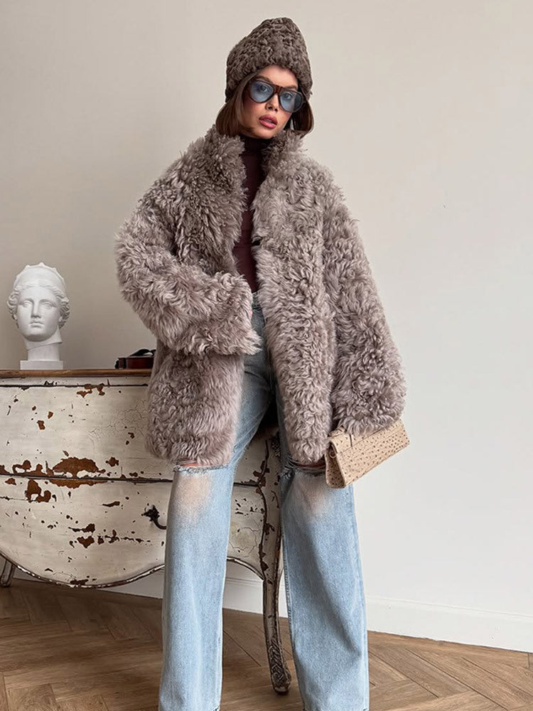 Damen Winterjacke im Teddy-Kunstfell-Look Oversize in Grau