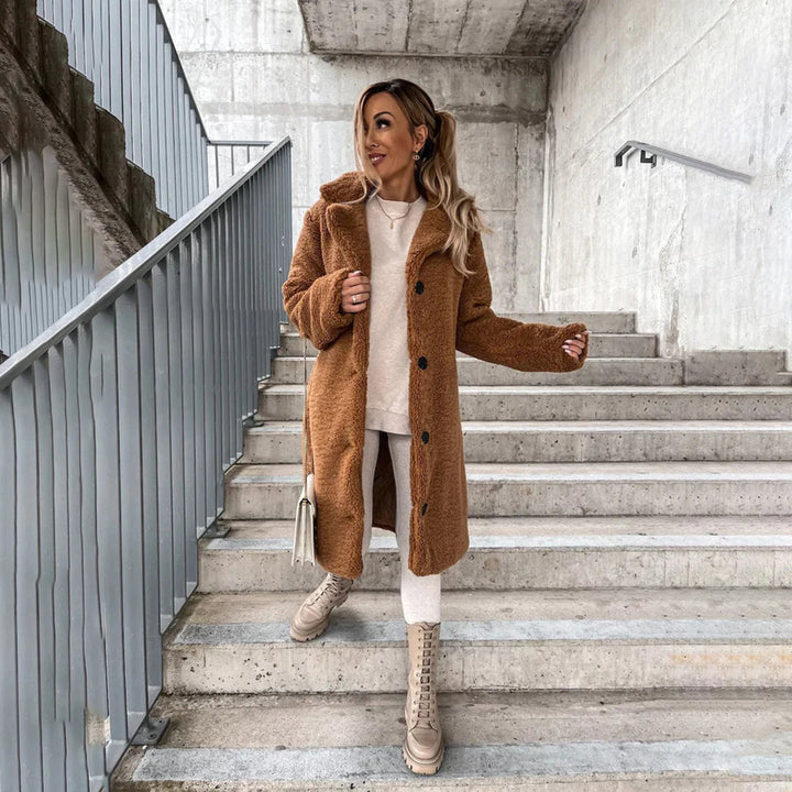 Damen Winterjacke im Teddy-Stil Midi-Länge in Braun