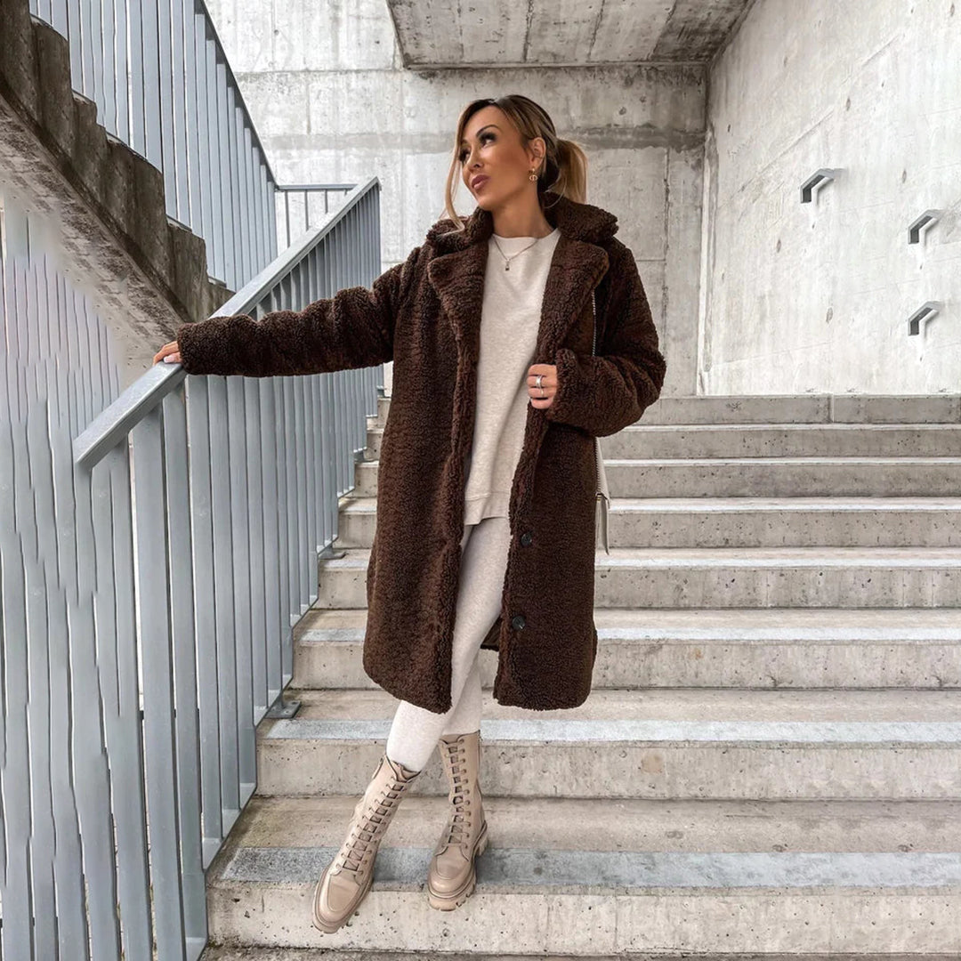 Damen Winterjacke im Teddy-Stil Midi-Länge in Dunkelbraun
