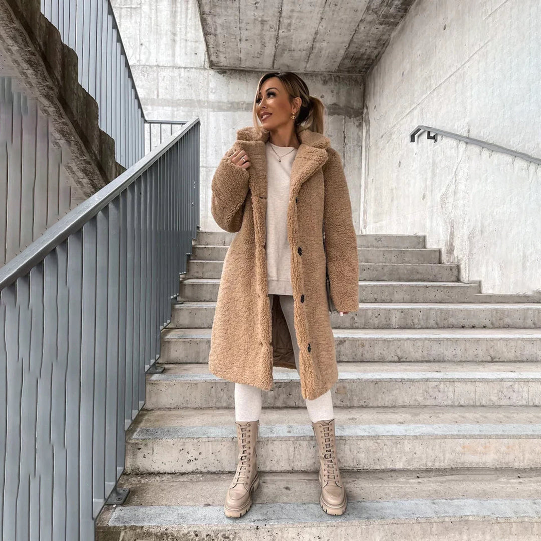 Damen Winterjacke im Teddy-Stil Midi-Länge in Khaki
