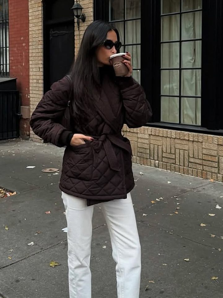 Damen Winterjacke im Wickel-Stil mit Schalkragen in Kaffee