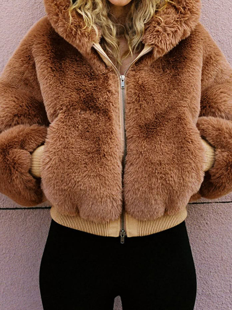 Damen Winterjacke kurz mit Teddy im Bomberjacken-Stil in Braun