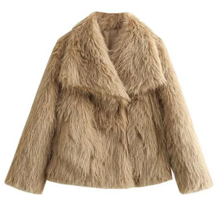 Damen Winterjacke Kurz und Warm aus Kunstfell in Beige