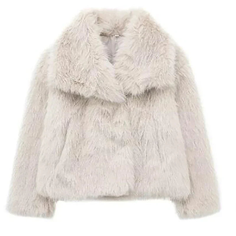 Damen Winterjacke Kurz und Warm aus Kunstfell in Creme