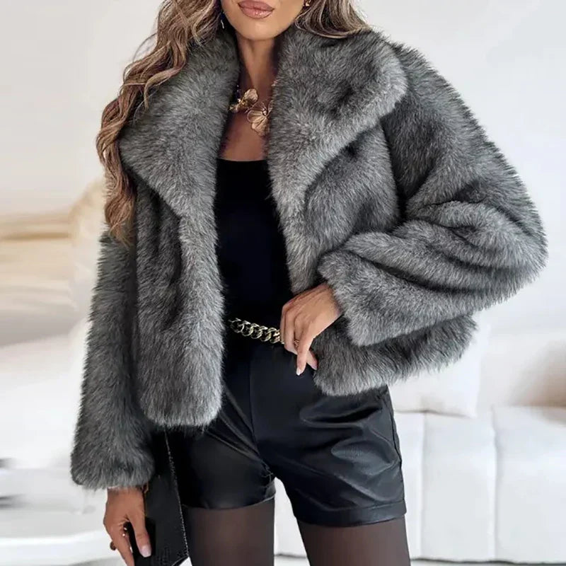 Damen Winterjacke Kurz und Warm aus Kunstfell in Dunkelgrau