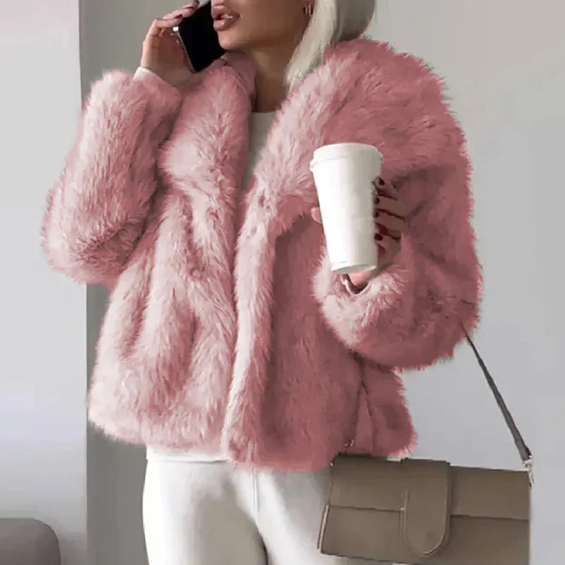 Damen Winterjacke Kurz und Warm aus Kunstfell in Rosa
