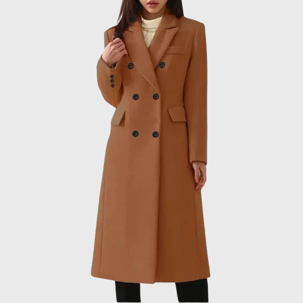Damen Winterjacke lange Zweireiher für Büro in Dunkelbraun