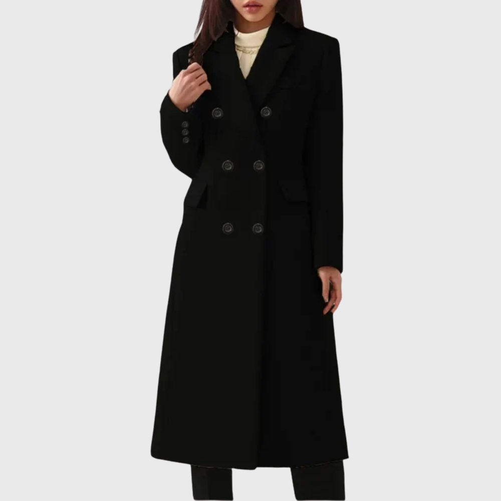 Damen Winterjacke lange Zweireiher für Büro in Schwarz