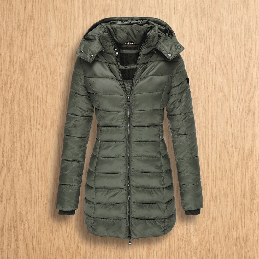 Damen Winterjacke mit Abnehmbarer Kapuze Mittellang in Armeegrün