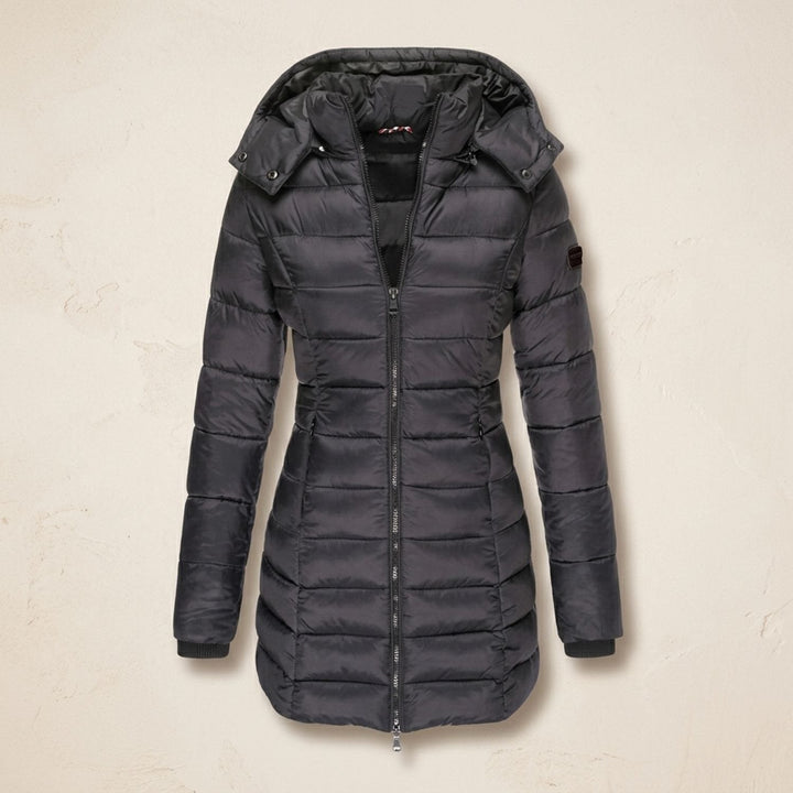 Damen Winterjacke mit Abnehmbarer Kapuze Mittellang in Schwarz