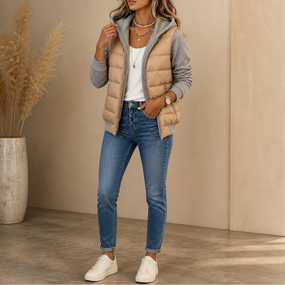 Damen Winterjacke mit Kapuze und gesteppter Vorderseite in Grau