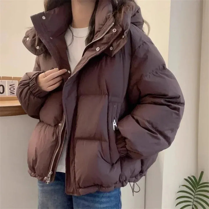 Damen Winterjacke mit Stehkragen und Kapuze in Braun