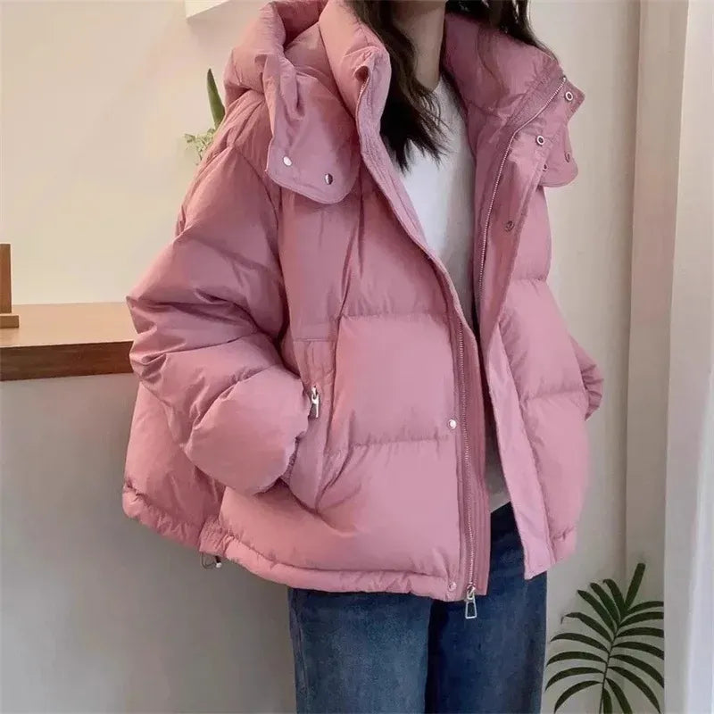 Damen Winterjacke mit Stehkragen und Kapuze in Rosa