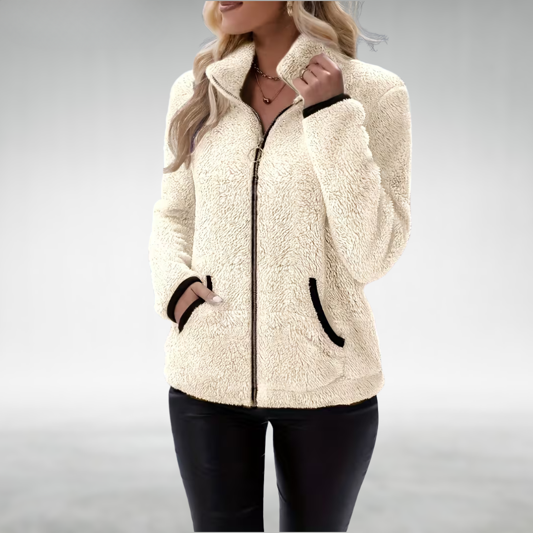Damen Winterjacke mit Teddystoff und Reißverschluss in Cremeweiß