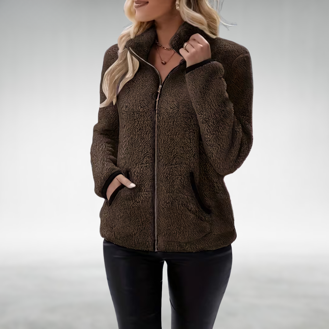 Damen Winterjacke mit Teddystoff und Reißverschluss in Dunkelbraun