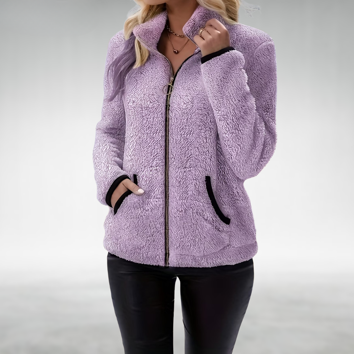 Damen Winterjacke mit Teddystoff und Reißverschluss in Flieder