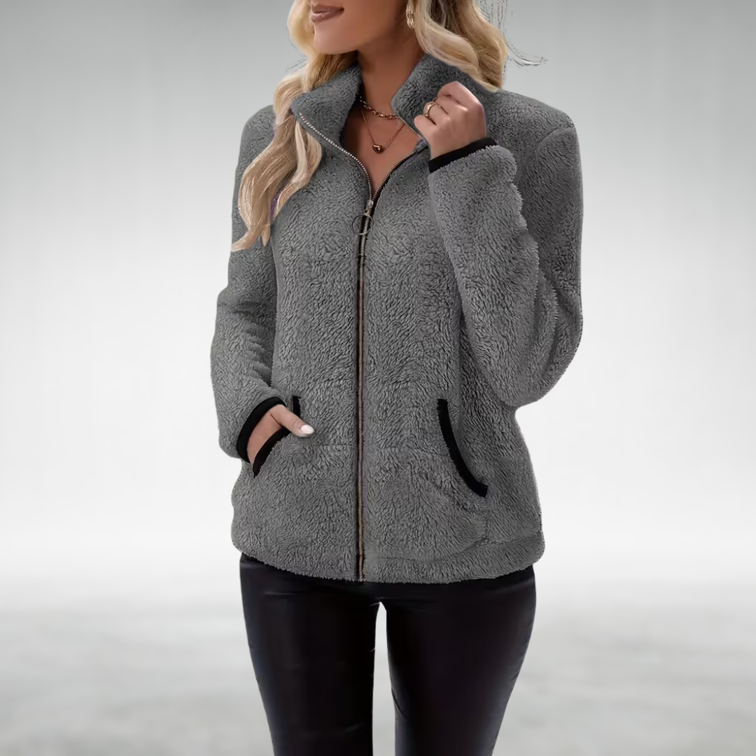 Damen Winterjacke mit Teddystoff und Reißverschluss in Grau