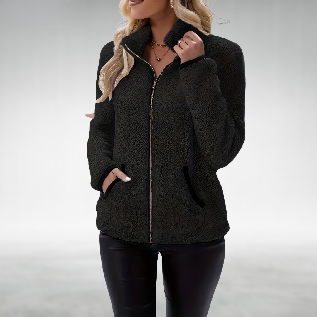 Damen Winterjacke mit Teddystoff und Reißverschluss in Schwarz