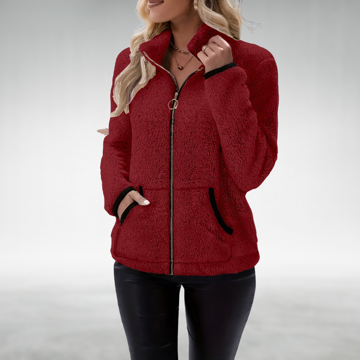 Damen Winterjacke mit Teddystoff und Reißverschluss in Weinrot