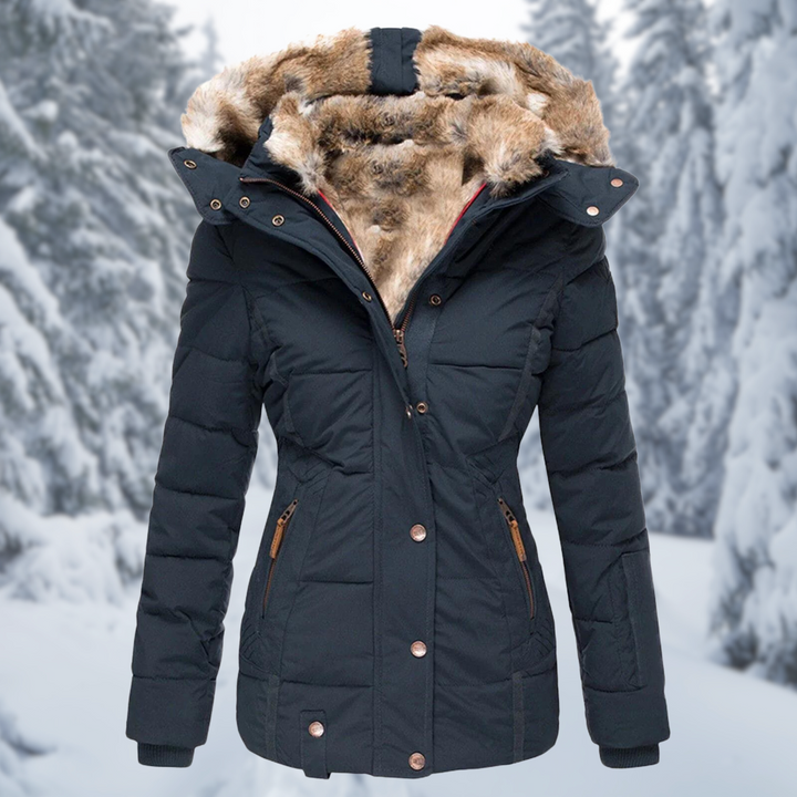 Damen Winterjacke mit warmer Fellkapuze für Herbst in Blau