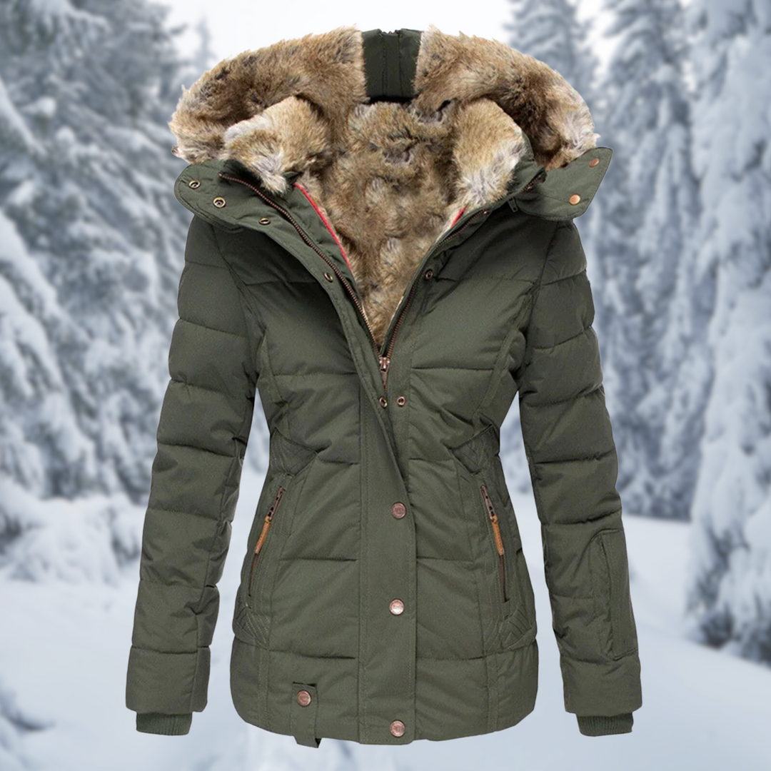 Damen Winterjacke mit warmer Fellkapuze für Herbst in Grün