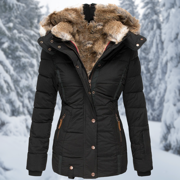 Damen Winterjacke mit warmer Fellkapuze für Herbst in Schwarz 1