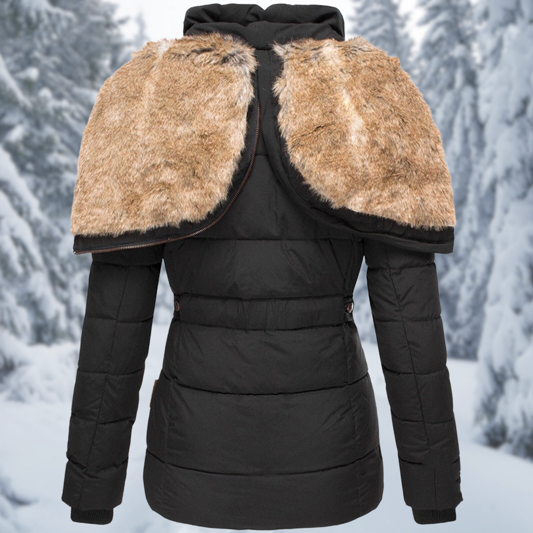 Damen Winterjacke mit warmer Fellkapuze für Herbst in Schwarz 2