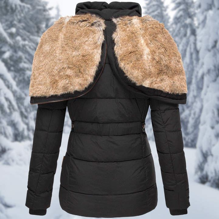 Damen Winterjacke mit warmer Fellkapuze für Herbst in Schwarz 2
