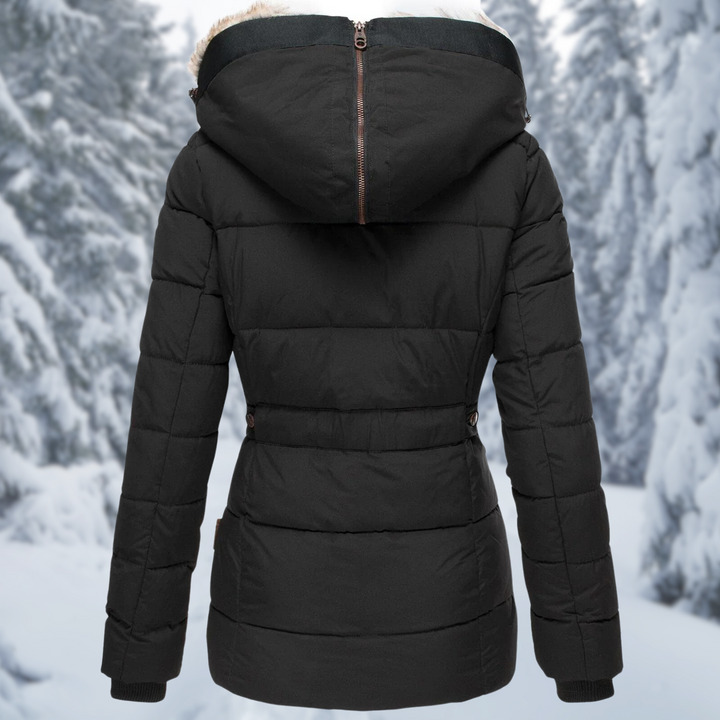 Damen Winterjacke mit warmer Fellkapuze für Herbst in Schwarz 3