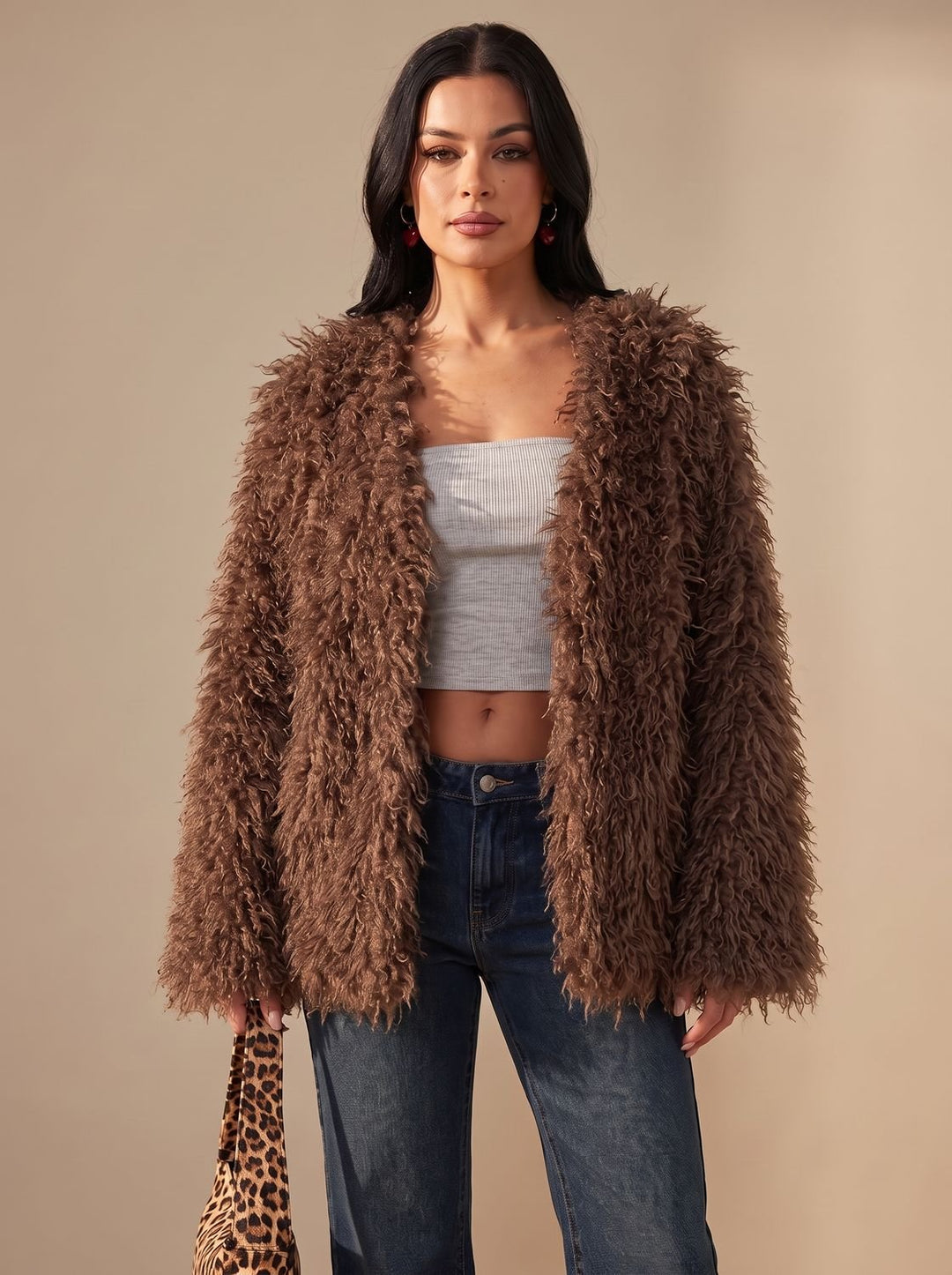 Damen Winterjacke Teddy im Oversized-Stil in Braun