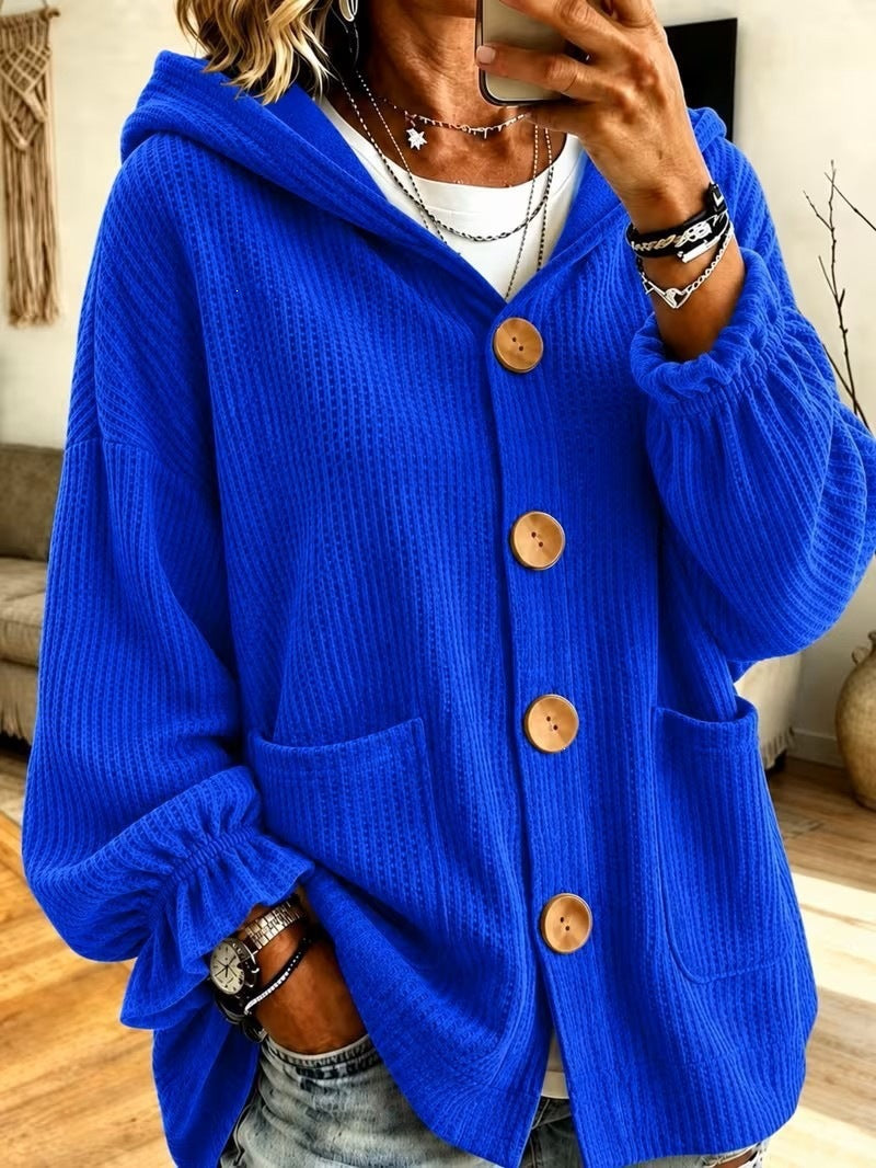 Damen Winterjacke Waffeltextur mit Kapuze in Blau