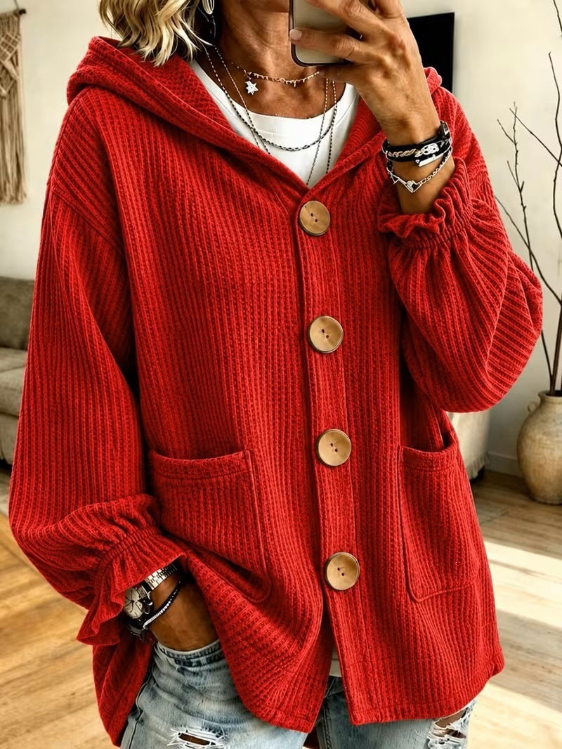 Damen Winterjacke Waffeltextur mit Kapuze in Rot