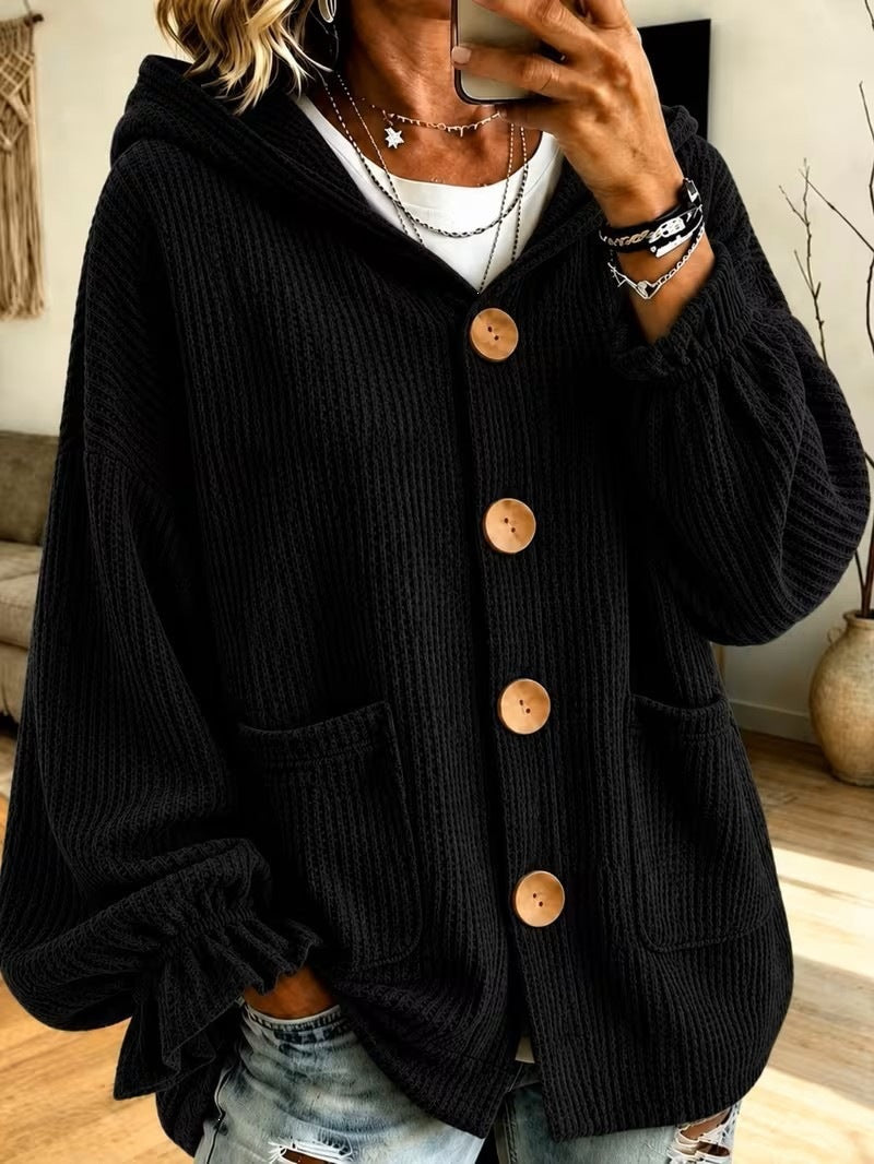 Damen Winterjacke Waffeltextur mit Kapuze in Schwarz