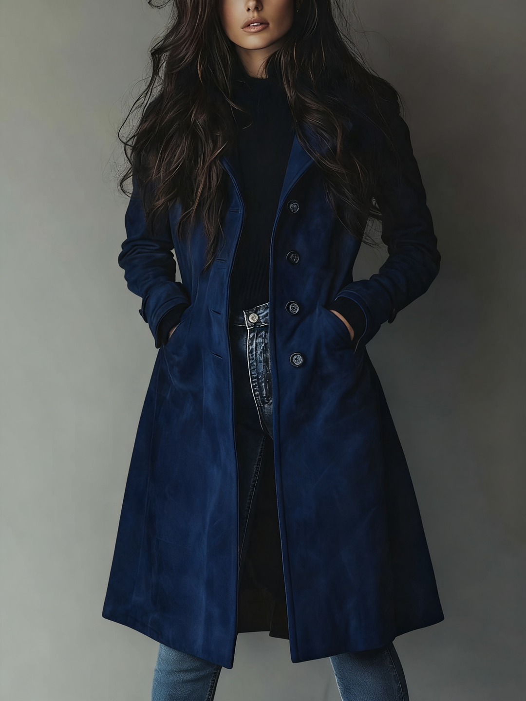 Damen Wintermantel im klassischen Trenchcoat-Stil in Dunkelblau