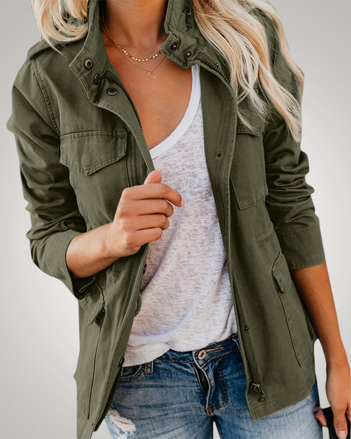 Damen Wintermantel im Utility-Stil mit Stehkragen in Olivgrün