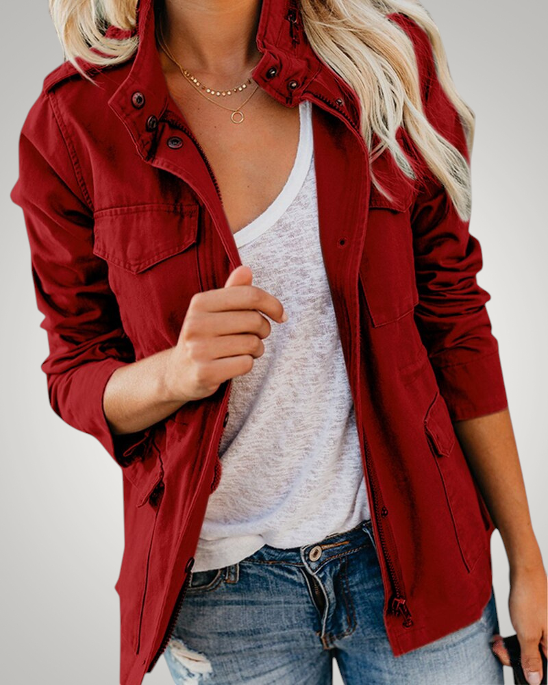 Damen Wintermantel im Utility-Stil mit Stehkragen in Rot