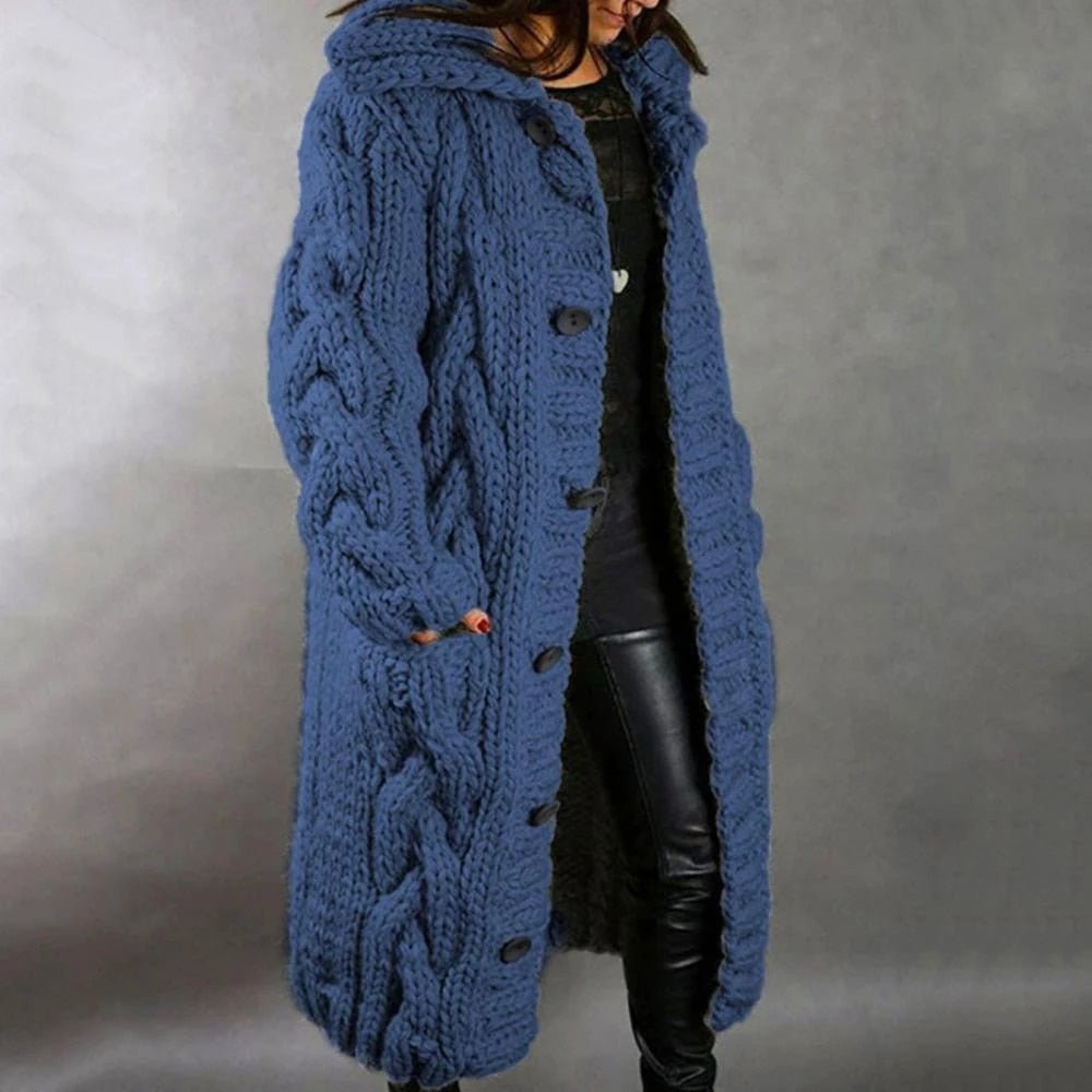 Damen Wintermantel kuschelig gestrickt knielang in Blau