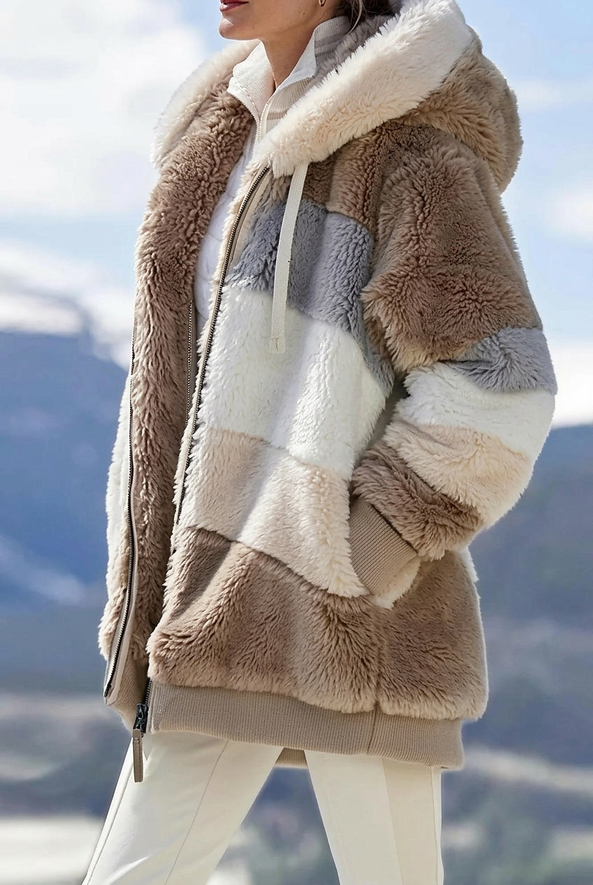 Damen Wintermantel mit Kapuze im Colorblock-Design in Khaki
