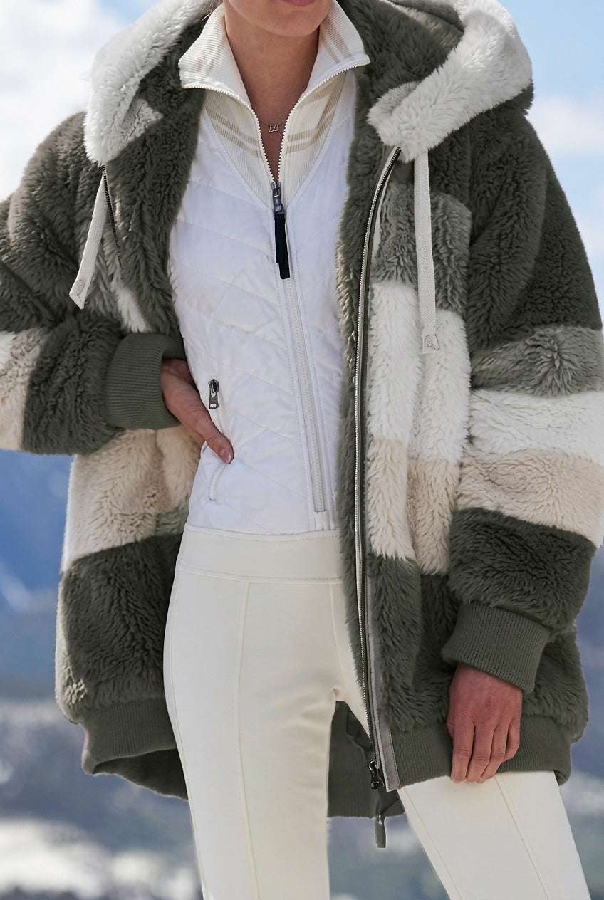 Damen Wintermantel mit Kapuze im Colorblock-Design in Olivgrün