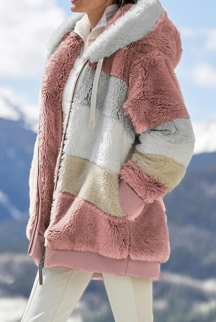 Damen Wintermantel mit Kapuze im Colorblock-Design in Rosa