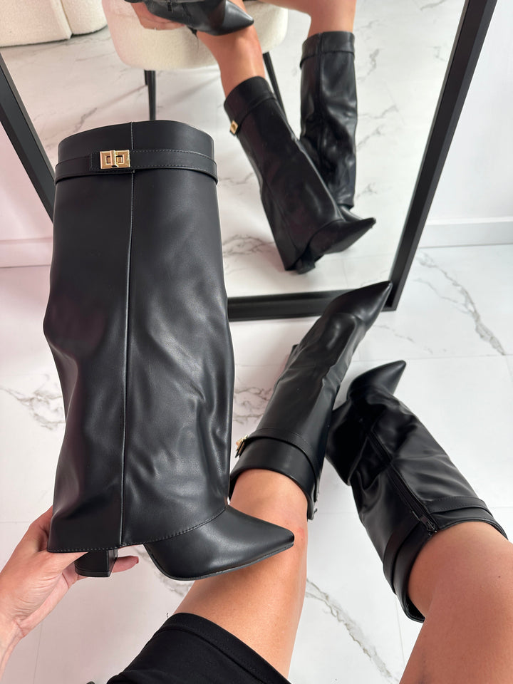 Damen Winterschuhe elegante Lederkniestiefel Spitzschuh-Design in Schwarz