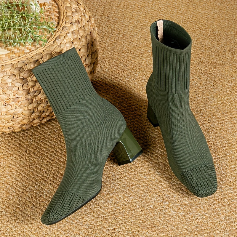 Damen Winterschuhe Stiefeletten mit Blockabsatz und Reißverschluss in Grün
